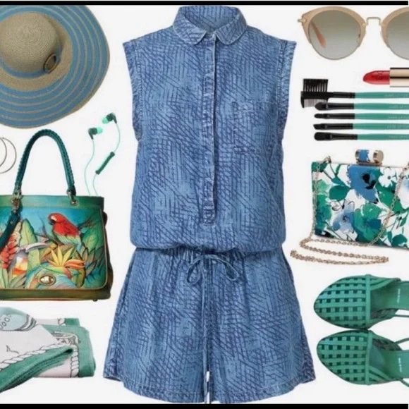 Tart denim print drawstring waist shorts Romper XS - Picture 1 of 7